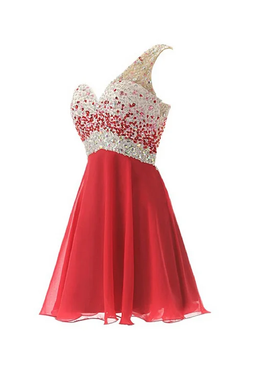 One Shoulder Red Chiffon Beaded Short Prom Dresses ED0671 Tunics Bridal satin
