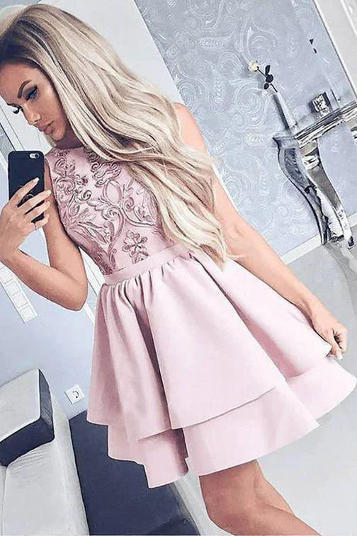 Pretty Bateau Short Pink Satin Homecoming Party Dress with Appliques OKO51 Tunics Stylish elegant