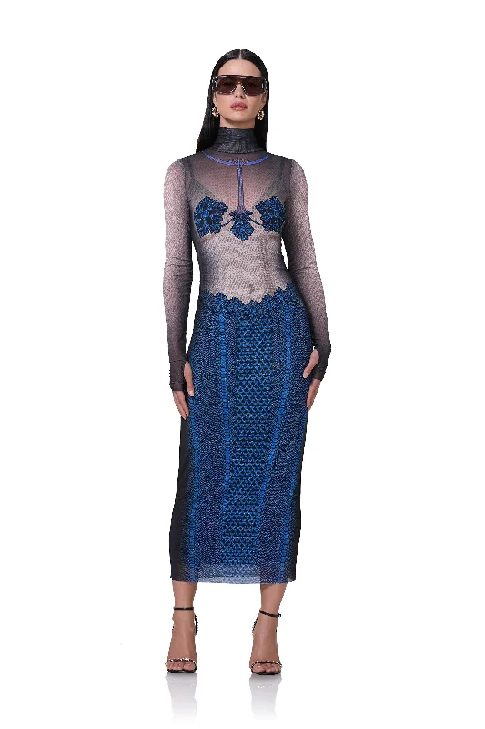 Shailene Dress - Ornate Navy Turtleneck Neckline Stylish
