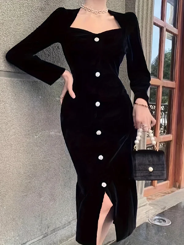 Sixsr Button Solid Color Dress, Elegant Long Sleeve Dress For Party & Banquet, Women's Clothing Tunics Running lightweight