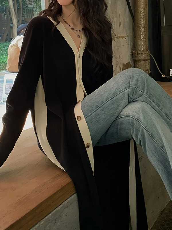 Sixsr Color Block Button Front Dress, Casual Long Sleeve Split Hem Dress, Women's Clothing Tunics Brand named