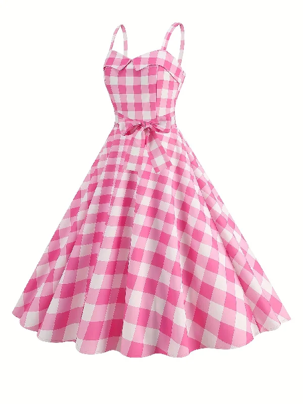 Sixsr  Plaid Print Bow Decor Cami Dress, Vintage Sleeveless Shirred Flared Dress, Women's Clothing Casual Short Summer