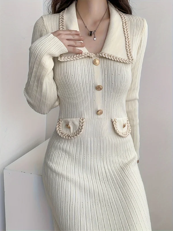 Sixsr Ribbed Solid Midi Dress, Elegant Long Sleeve Bodycon Sweater Dress, Women's Clothing Tunics Hiking breathable