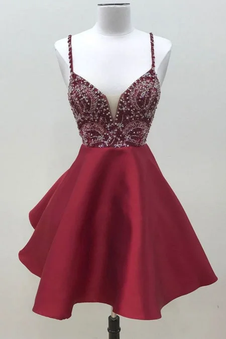 Spaghetti Straps Dark Red Short Prom Dress Homecoming Dresses OKO59 Pencil Office Professional