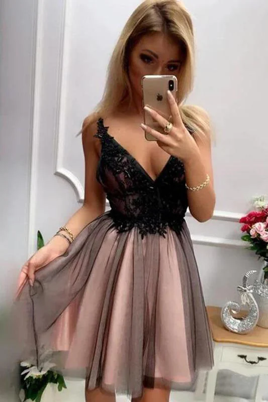Stylish A Line V Neck Gray Short Homecoming Dress With Appliques OKO43 Tunics Stylish elegant