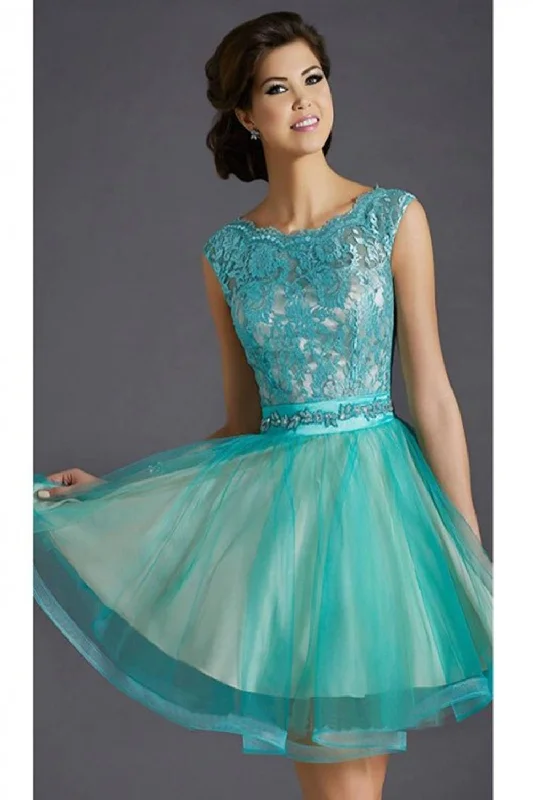 Teal Lace Cap Sleeves Short Beaded Homecoming Dress K66 Tunics Summer linen