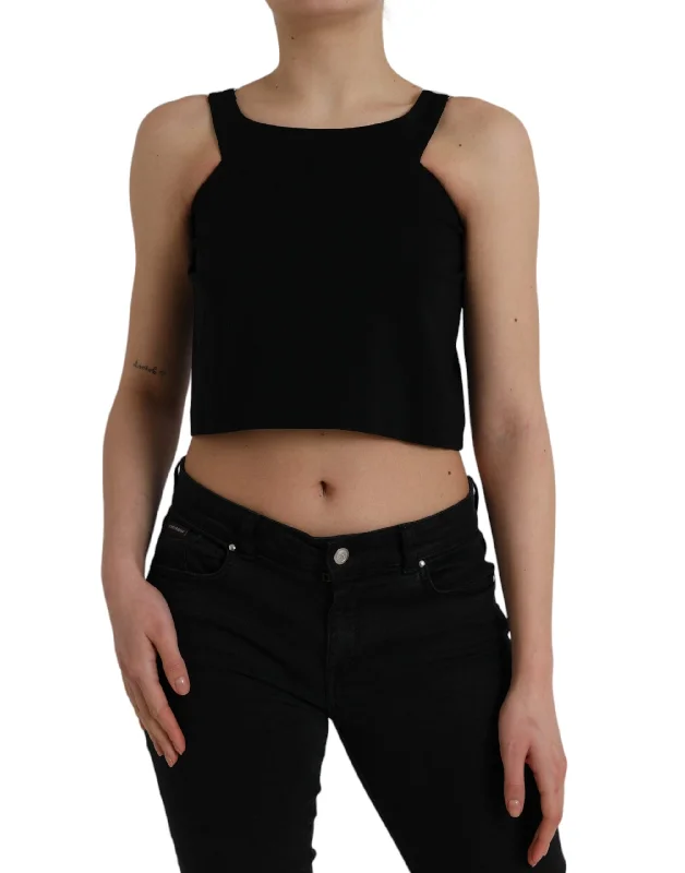 Black Sleeveless Round Neck Cropped Tank Top Houndstooth Herringbone Solid