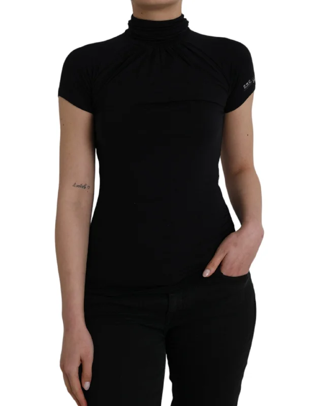 Black Turtleneck Viscose Short Sleeve Top Iron Safe Non-Iron Wrinkle Free