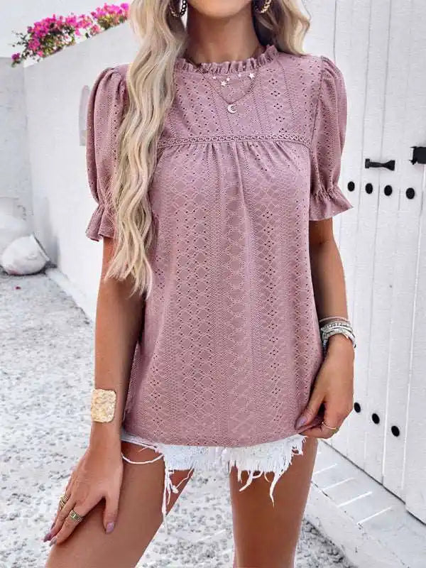 Casual solid color short sleeve hollow top Rayon Fabric Velvet Fabric Corduroy Fabric