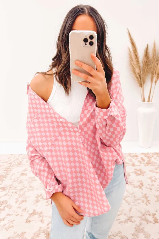 Dovie Shirt Pink Check Notch Collar Peter Pan Collar Cowl Neck