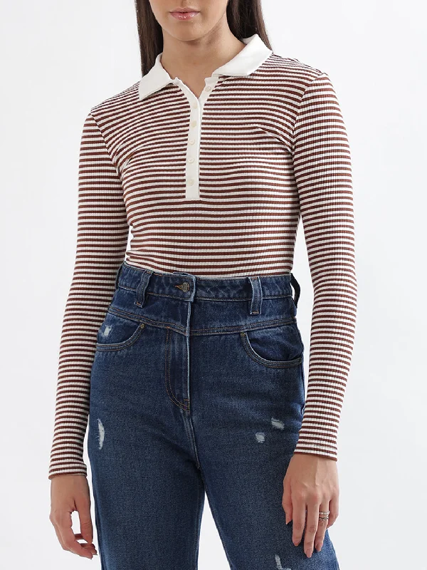 Elle White & Brown Striped Fitted T-Shirt Chenille Blend Fleece Blend Nylon Blend