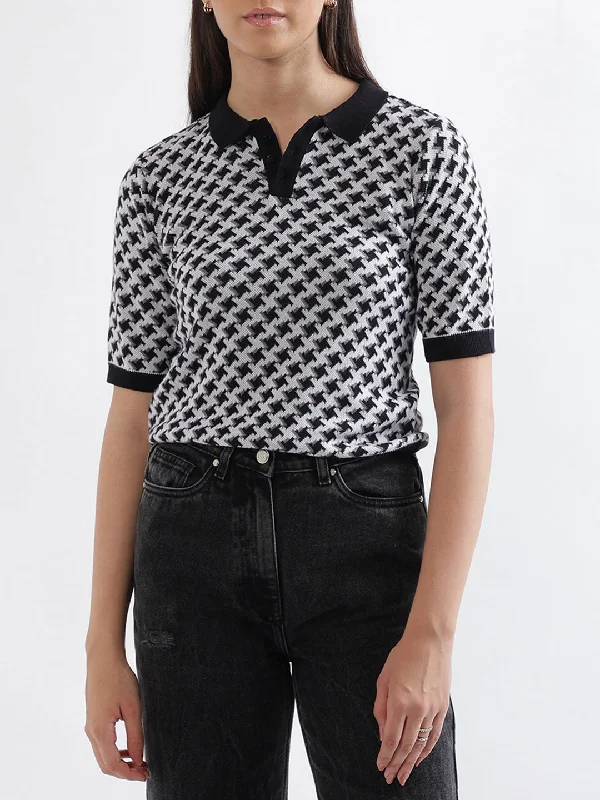 Elle Black, White & Grey Houndstooth Relaxed Fit Top Wool Fabric Cashmere Fabric Tweed Fabric