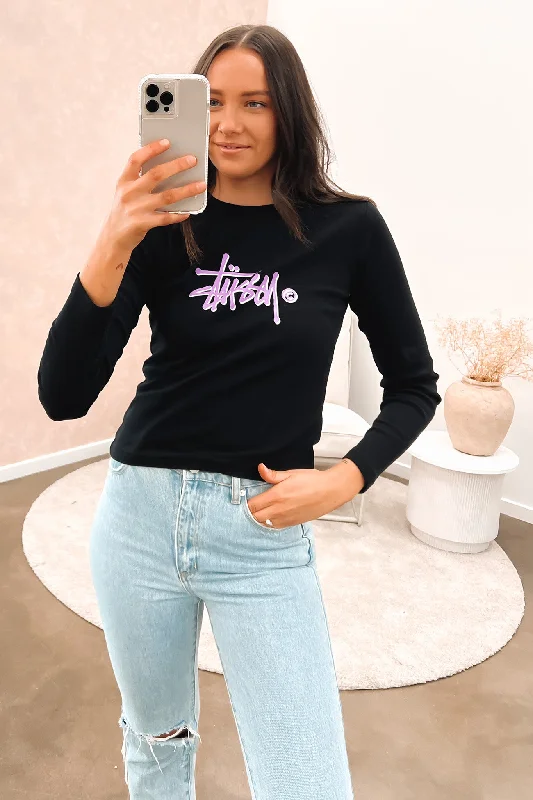 Graffiti Rib Long Sleeve Tee Black Lilac Print Jacquard Patchwork