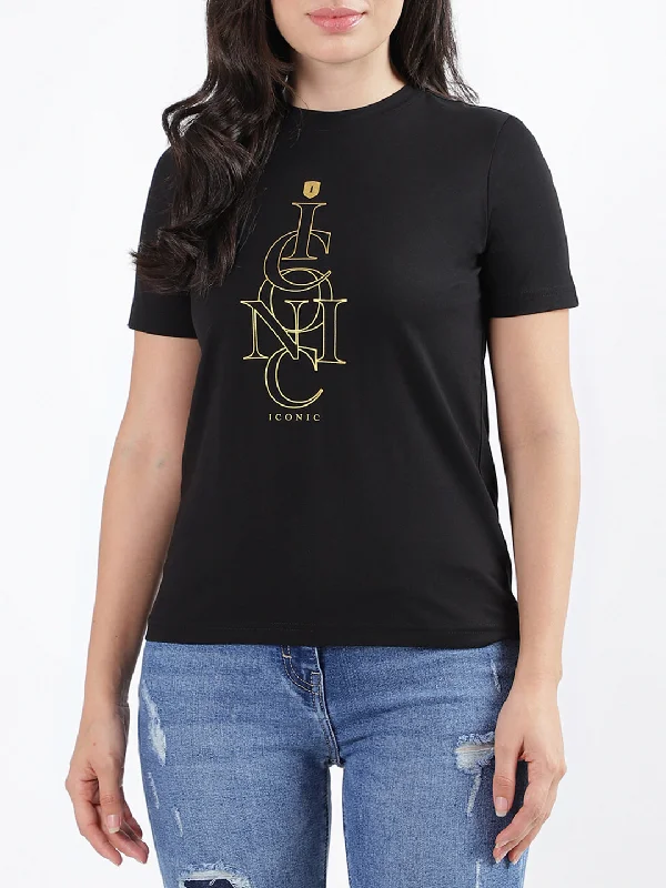 Iconic Black Fashion Regular Fit T-Shirt Satin Fabric Silk Fabric Chiffon Fabric
