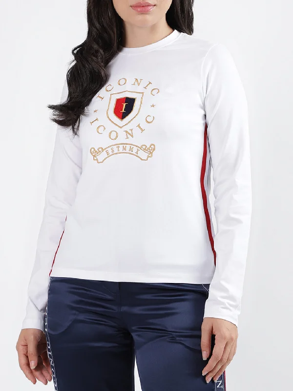 Iconic White Fashion Embroidery Regular Fit T-Shirt Graphic Embroidered Appliqued
