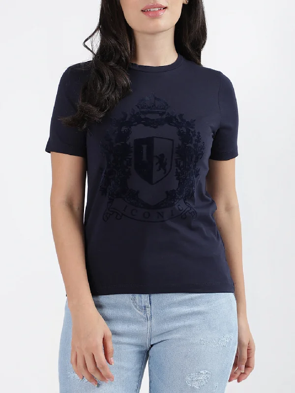 Iconic Navy Fashion Printed Regular Fit T-Shirt Fitted T-Shirt Seamless Stretchy