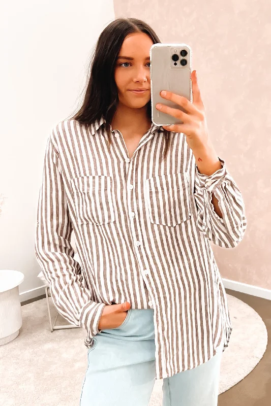 Journi Linen Shirt Brown Stripe Spandex Blend Rayon Blend Denim Blend