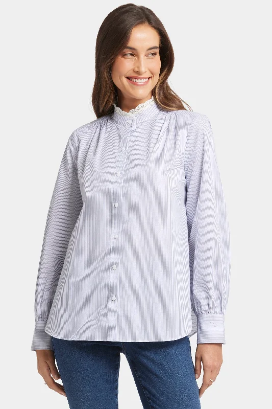 Lace Trimmed Ruffle Neck Blouse - Blue Stripe Notch Collar Peter Pan Collar Cowl Neck