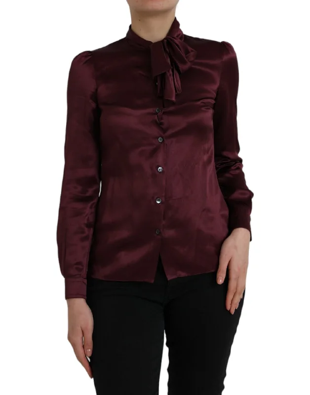Maroon Ascot Collar Long Sleeve Top Blouse Striped Floral Plaid