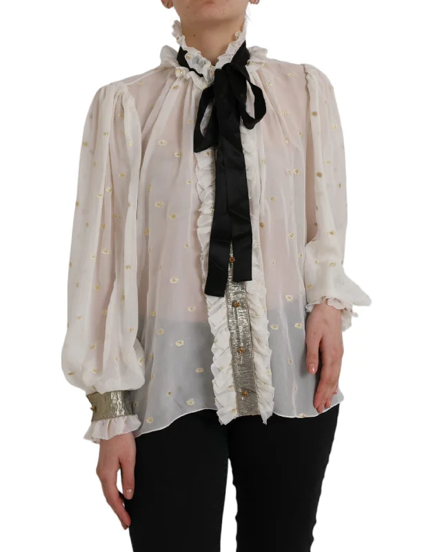 Off White Silk Blend Ascot Collar Blouse Top Cozy Warm Stylish