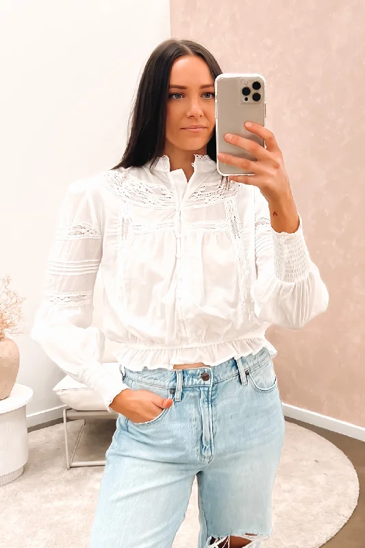 Paige Top White Houndstooth Herringbone Solid