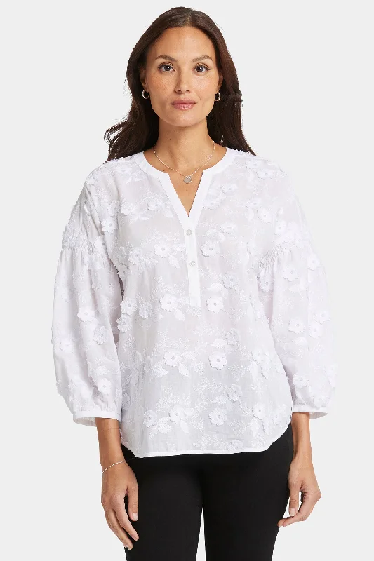 Paulina Peasant Blouse - Optic White Spandex Blend Rayon Blend Denim Blend