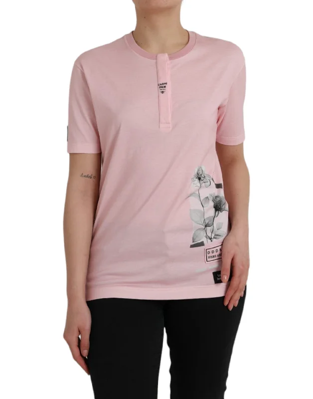 Pink Floral Print Cotton Short Sleeves T-shirt Thin T-Shirt Open Front Quick Dry