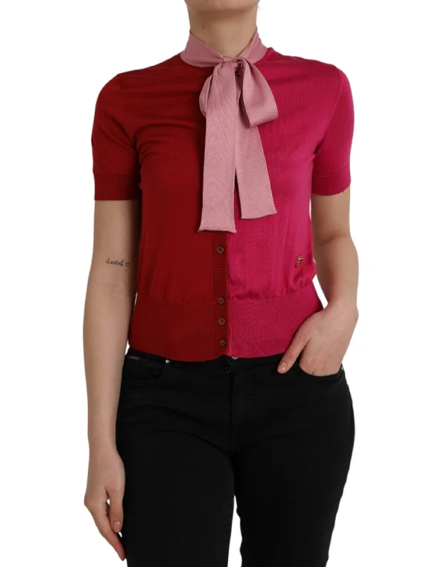 Pink Short Sleeves Pullover Ascot Collar Top Asymmetrical Pockets Print