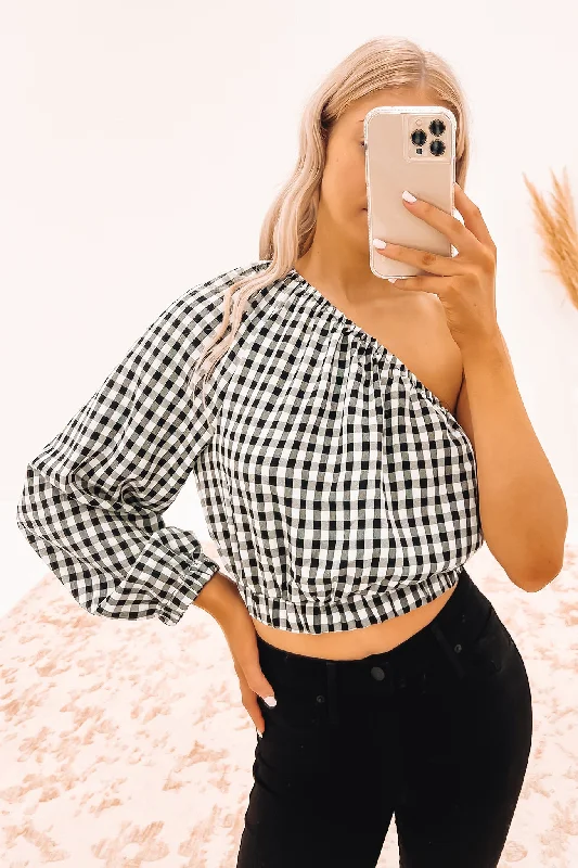 Pippa Crop Top Black White Check Silk Blend Satin Velvet