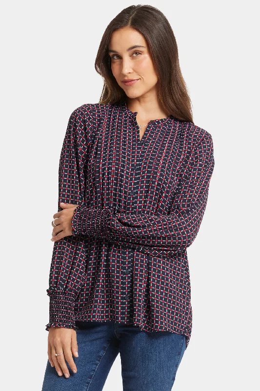 Pleated Peasant Blouse - Starlet Geo Hooded Caped Shawl Collar