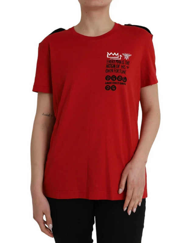 Red Cotton Graphic Print Crew Neck T-shirt Beaded Sequined Faux Fur