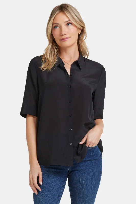 Riley Silk Elbow Sleeved Blouse - Black Asymmetrical Pockets Print