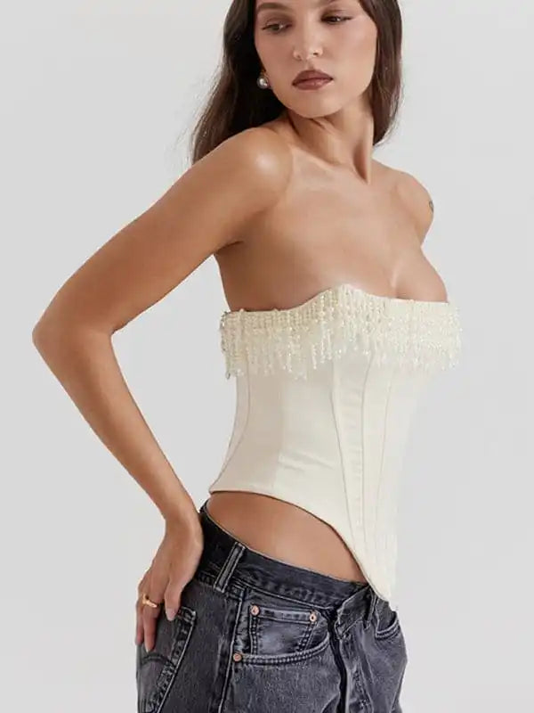 Tops - Sexy retro cream hottie fishbone tight tube top Collared Crew Neck Turtle Neck