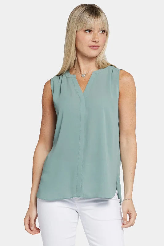 Sleeveless Pintuck Blouse  - Lily Pad Welt Pockets Slit Pockets
