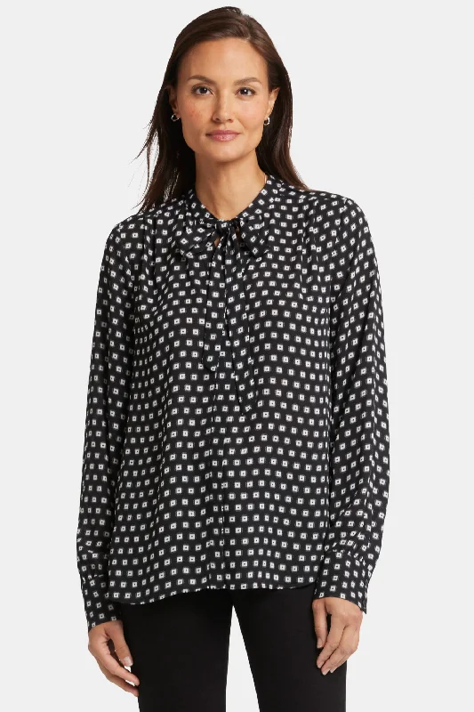 Tie-Neck Blouse - Pearl Medallion Hooded Caped Shawl Collar