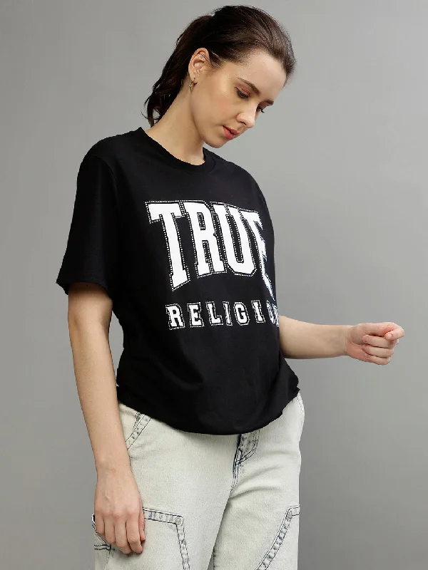 True Religion Black Fashion Regular Fit T-Shirt Print Jacquard Patchwork