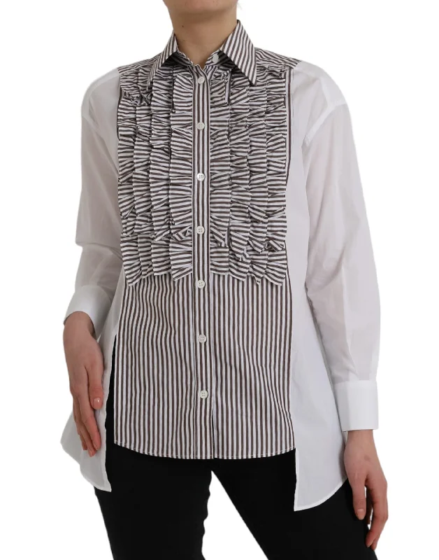 White Stripes Cotton Long Sleeves Ruffle Collar Top Striped Floral Plaid