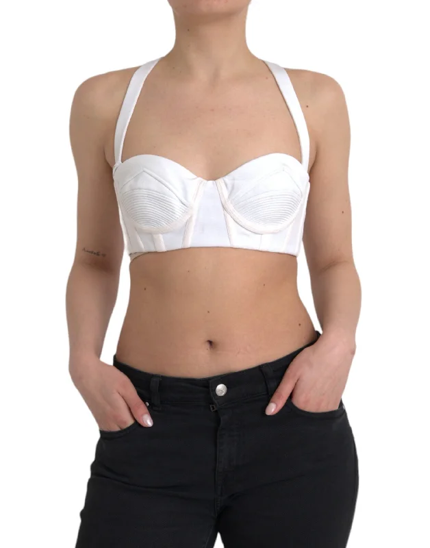 White Viscose Bustier Sleeveless Cropped Top Houndstooth Herringbone Solid