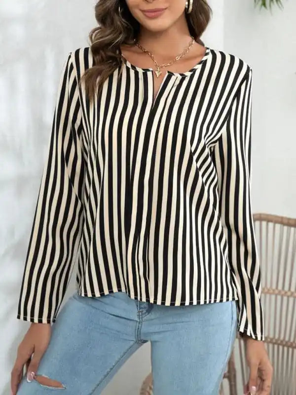 Women’s Long Sleeve Round Neck Striped Print Top blouse Iron Safe Non-Iron Wrinkle Free Women’s Long Sleeve Round Neck Striped Print Top blouse Iron Safe Non-Iron Wrinkle Free