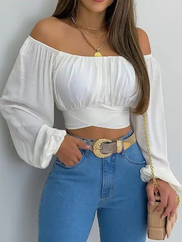 Women’s off-shoulder cross strap long sleeve top Satin Fabric Silk Fabric Chiffon Fabric