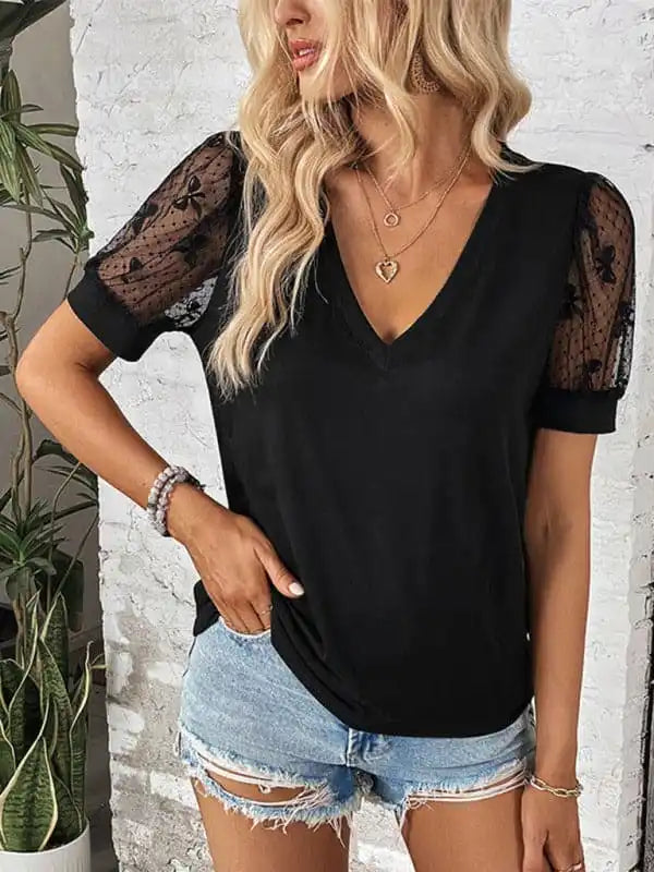 Women’s V leader lace patchwork T-shirt Graphic Embroidered Appliqued