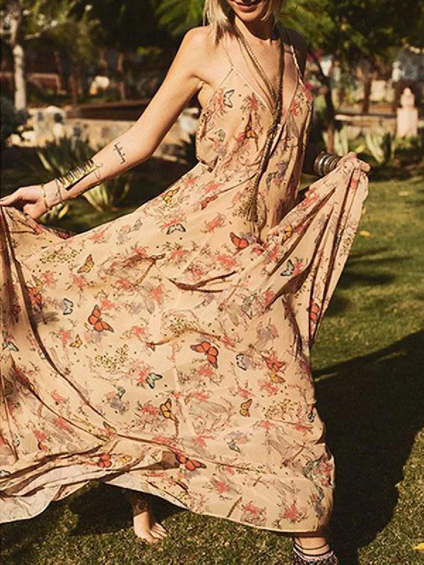 Women Vacation Butterfly Print Backless Sling Midi Dress Summer Floral Skirt