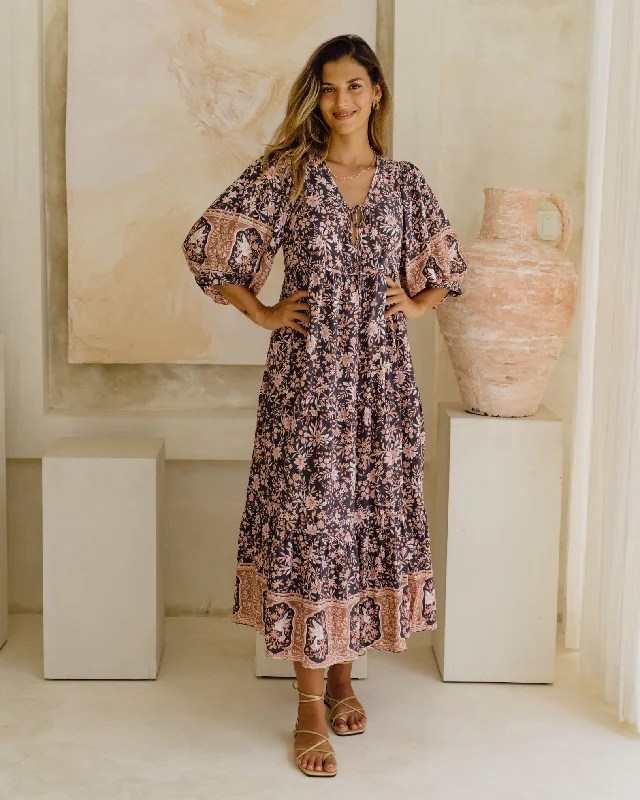 Araminta Purple Floral Boho Midi Dress Lightweight Floral Skirt