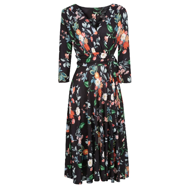 Black Floral Bird Print 3/4 Sleeve V Neck Crossover Top Empire Waist Tea Dress Fun Floral A-Line Black Floral Bird Print 3/4 Sleeve V Neck Crossover Top Empire Waist Tea Dress Fun Floral A-Line