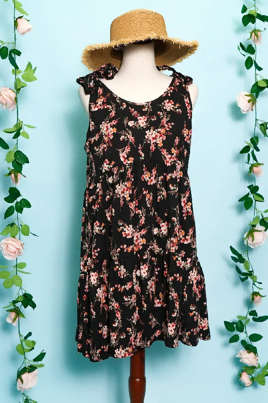 Black Tie Knot Shoulder Tiered Floral Knit Dress Summer Floral Skirt