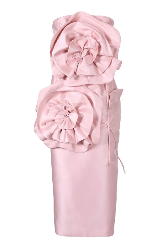 Bloom Rosette Applique Strapless Lace Up Bodycon Satin Cocktail Midi Dress Elegant A-Line Skirt Bloom Rosette Applique Strapless Lace Up Bodycon Satin Cocktail Midi Dress Elegant A-Line Skirt