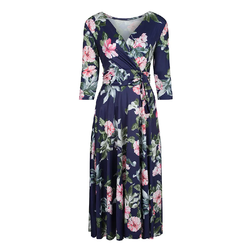 Navy Blue Floral Print 3/4 Sleeve Crossover Top Vintage Swing Dress Soft Floral Wrap Navy Blue Floral Print 3/4 Sleeve Crossover Top Vintage Swing Dress Soft Floral Wrap