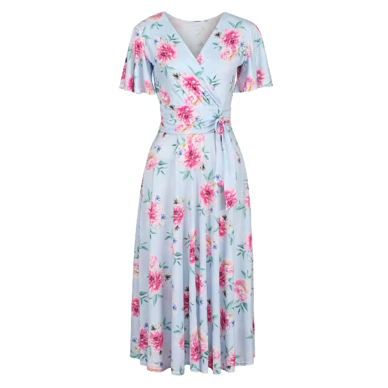 Blue Floral Print Cap Sleeve Crossover Wrap Top Swing Dress Summer Floral Skirt