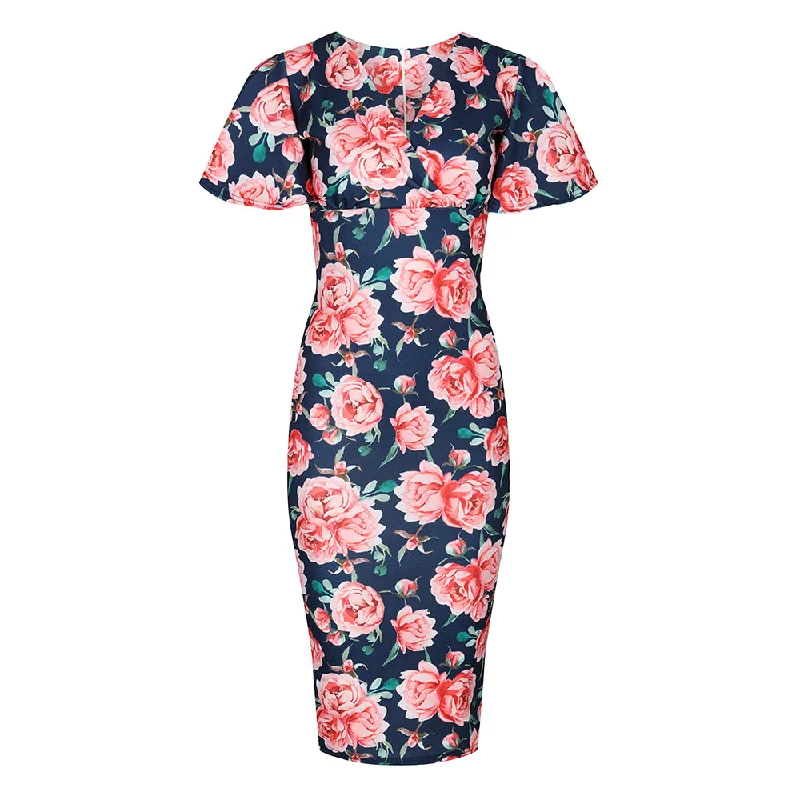 Blue Floral Print Half Sleeve Deep V Neck Crossover Top Wiggle Dress Bold Floral Print Blue Floral Print Half Sleeve Deep V Neck Crossover Top Wiggle Dress Bold Floral Print