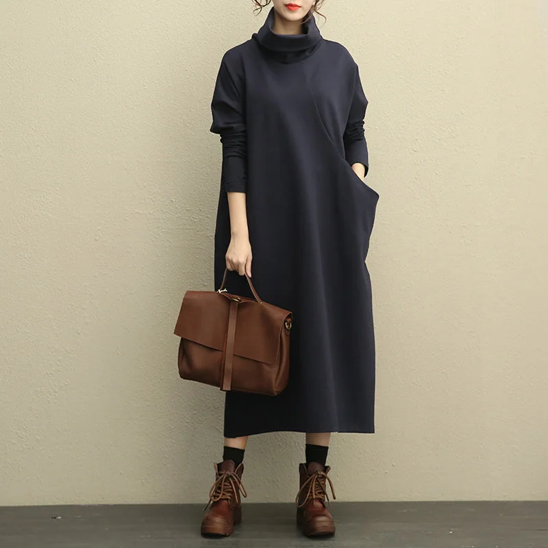Casual High Neck Thick Maxi Dresses Women Loose Clothes 208 Chic Floral Skirt